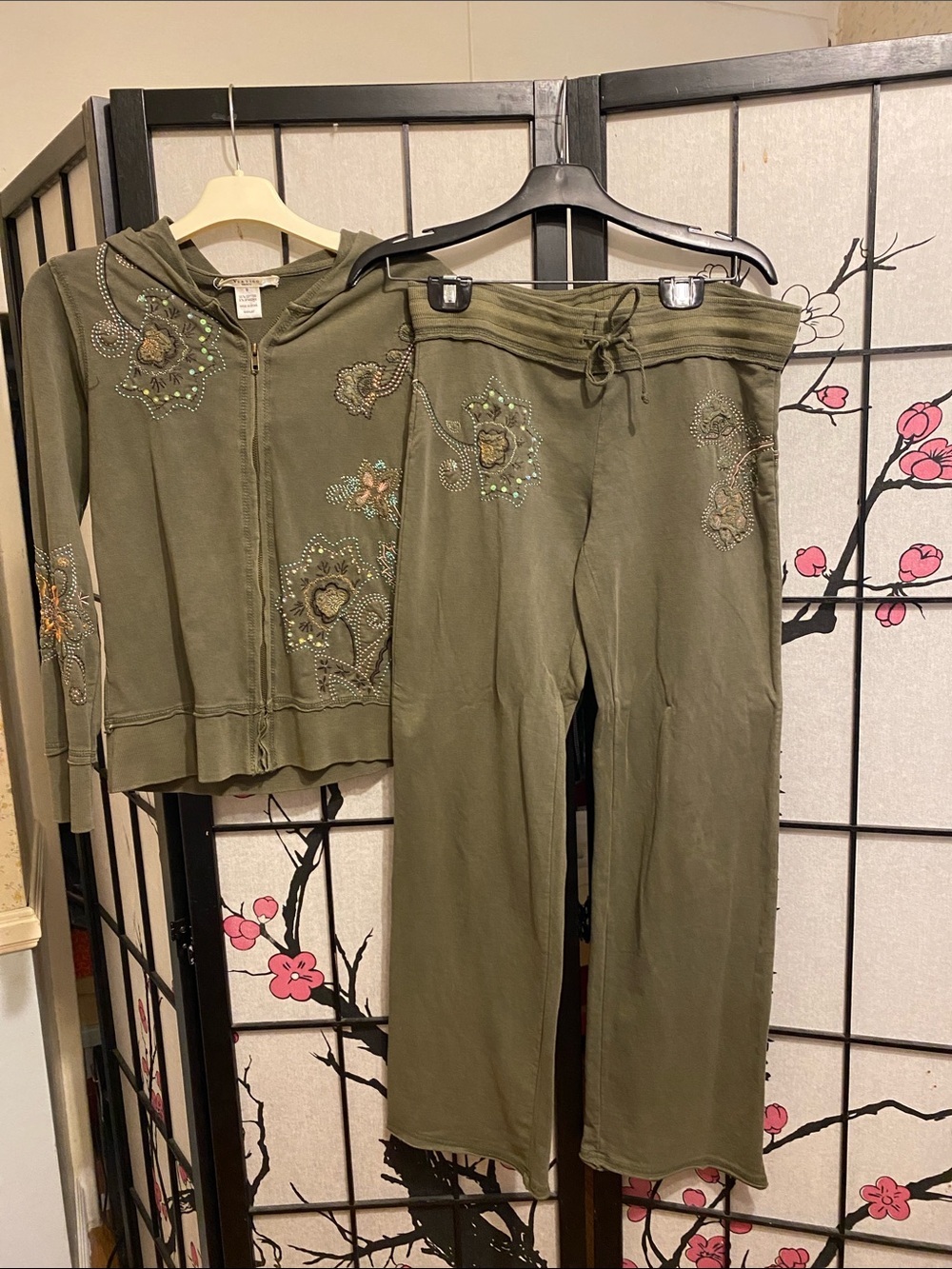 Vertigo Paris Olive Green Embroidered Zip Hoodie & pants set .